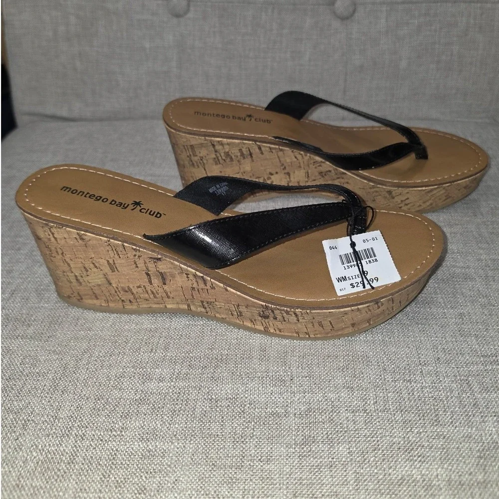 Y2K Montego Bay Club Womens Black Patent Cork Wedge Thong Sandals Size 9 139985